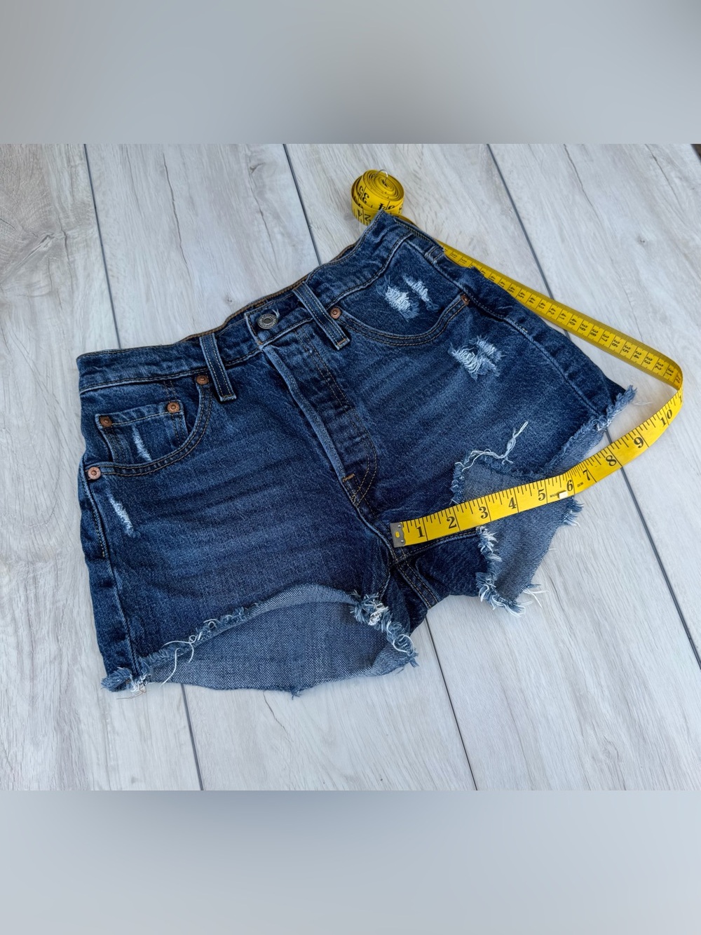 Levi's 501 Button Fly High Rise Dark Blue Indigo Distressed Denim Cutoff Shorts - Picture 6 of 11